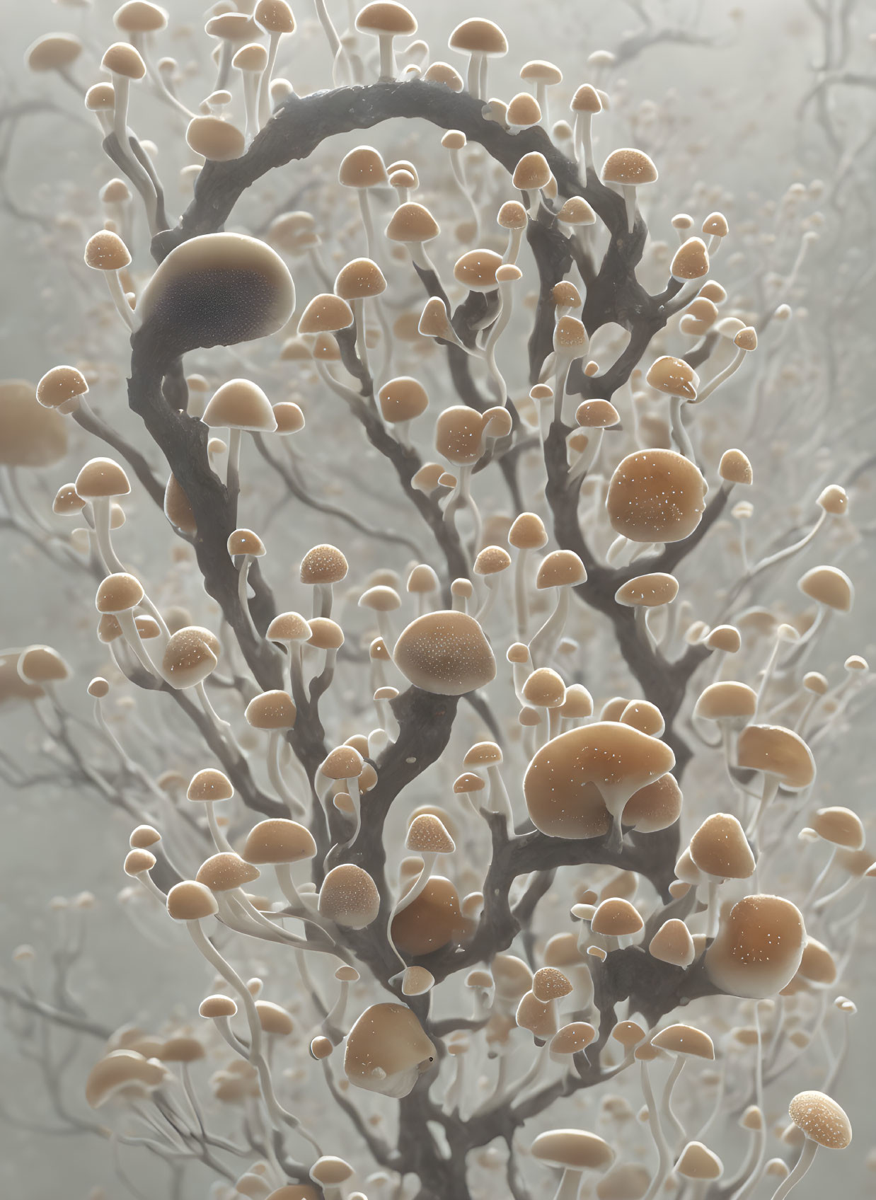 Delicate fungi on tree branches in misty environment