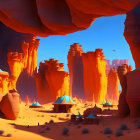 Vivid desert landscape with orange sandstone pillars under blue sky
