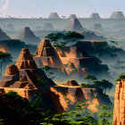Misty forest cliffs with pyramid-like structures at sunrise