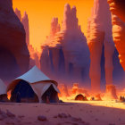Futuristic desert camp under orange sky with rock formations