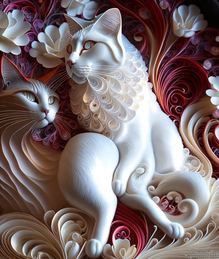 Stylized white cats with floral patterns in swirling digital art