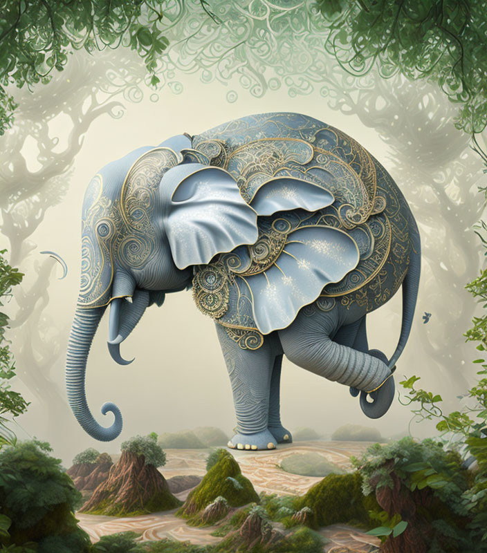 Ornately patterned elephant in mystical forest with winding trees