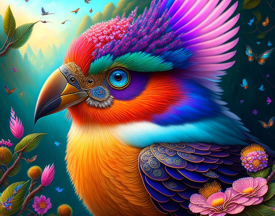 Colorful Fantastical Bird Illustration with Butterflies and Flowers