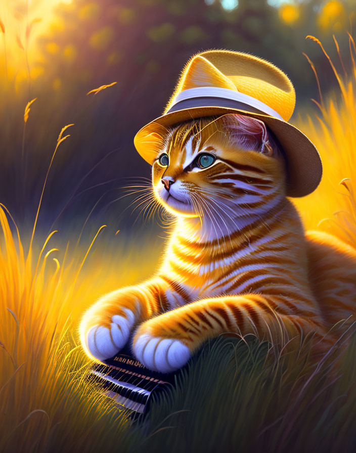 Orange tabby cat in straw hat sitting in sunlit field with keyboard instrument.