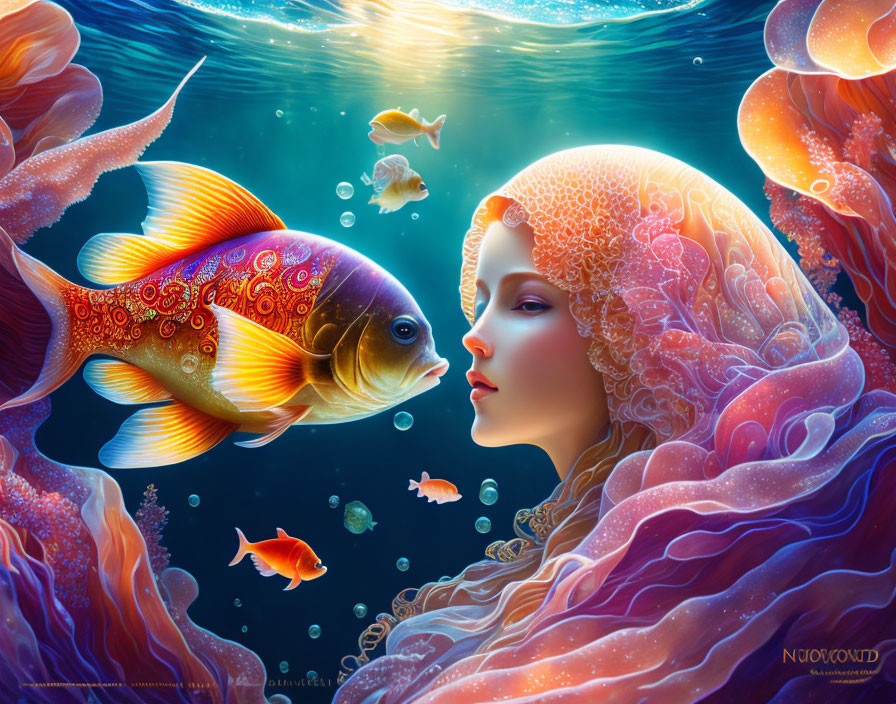 Colorful Mermaid and Fish in Luminous Underwater Scene