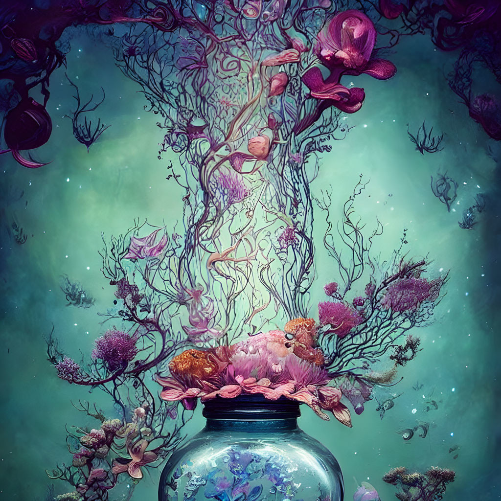 Beautiful jar filled with a detailed bioluminescen
