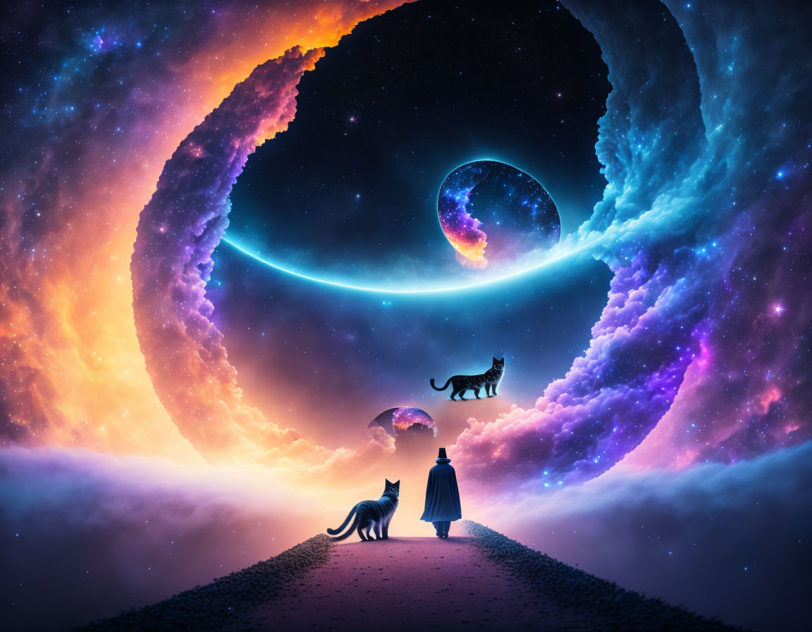 Person and Two Cats Under Vibrant Cosmic Sky with Nebulae and Floating Cat