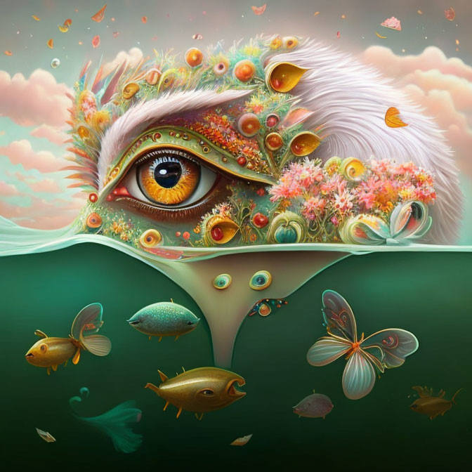 Surreal eye illustration with vibrant flora, fish, and butterflies