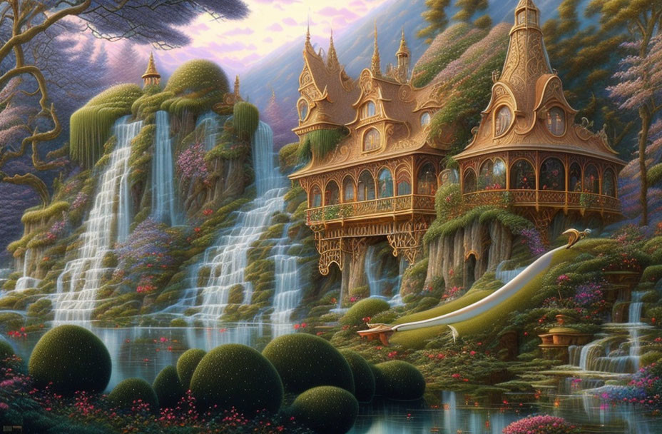 Majestic golden palace in enchanting fantasy landscape
