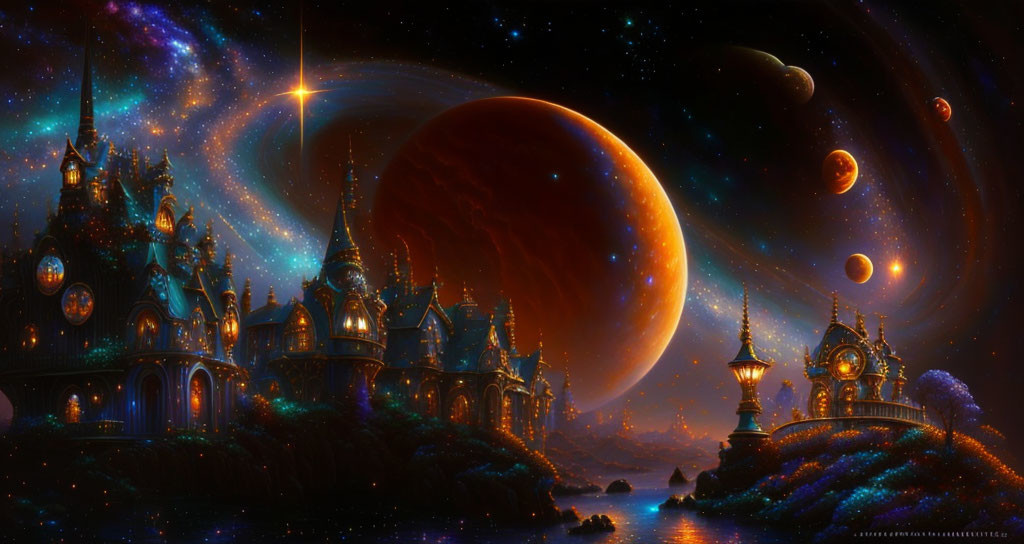 Grand illuminated castle in cosmic space with planets and moons.