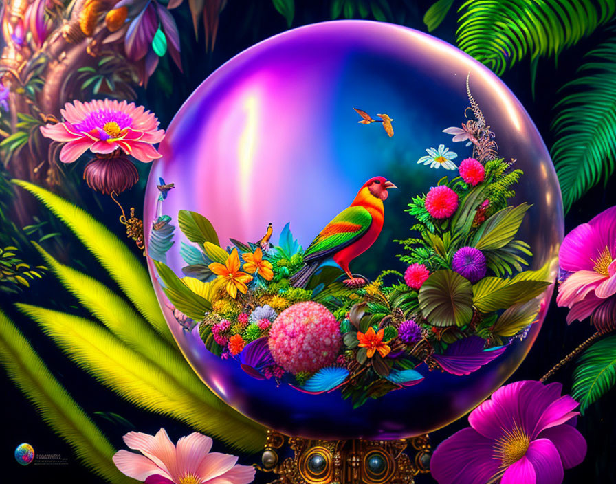 Colorful Bird on Floral Arrangement in Reflective Sphere Against Tropical Backdrop