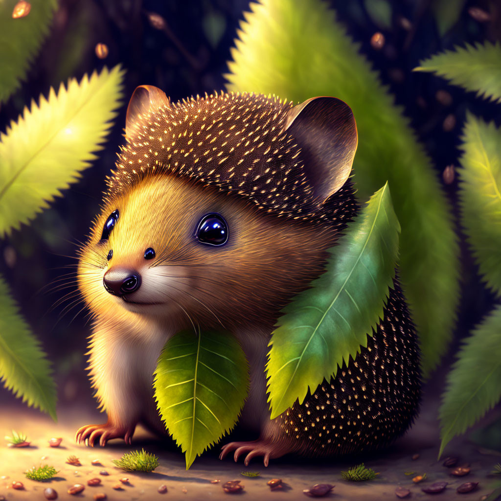 Illustrated Cute Hedgehog Among Green Leaves