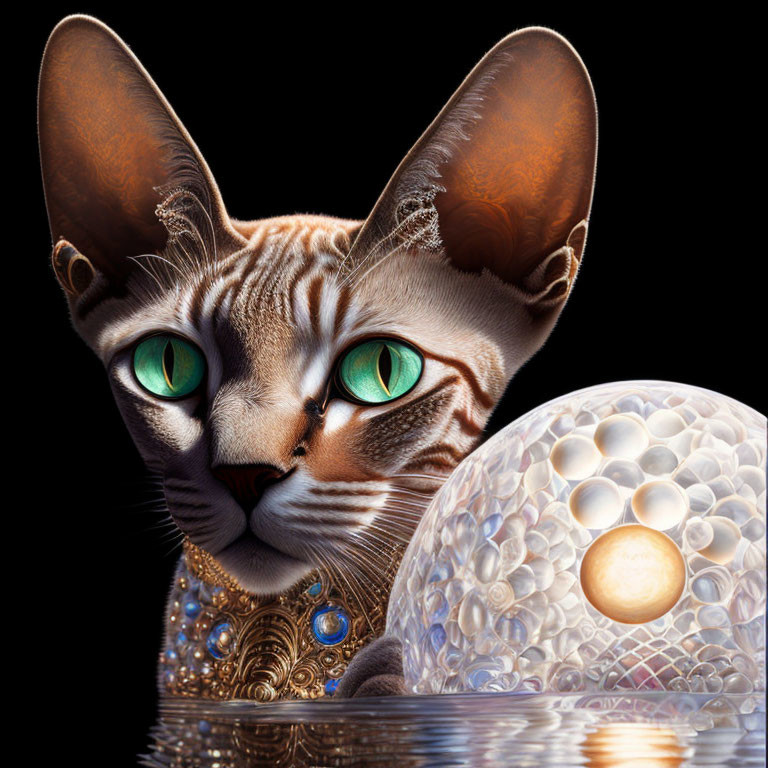 Cat with Green Eyes Emerges from Water with Pearl Necklace and Luminescent Orb