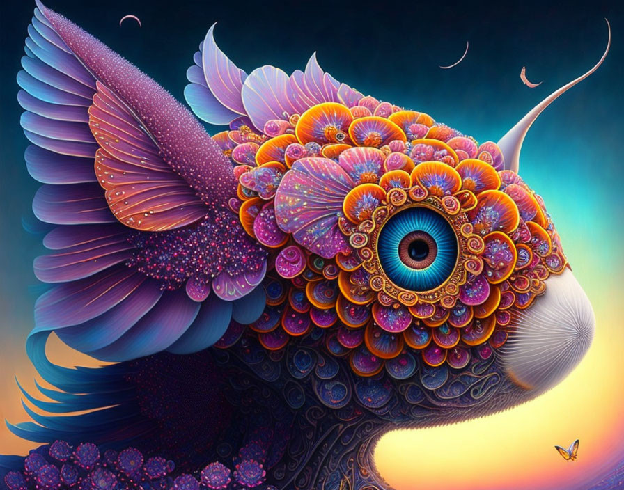 Colorful whimsical creature with large eye, floral patterns, and butterfly wings on blue gradient.