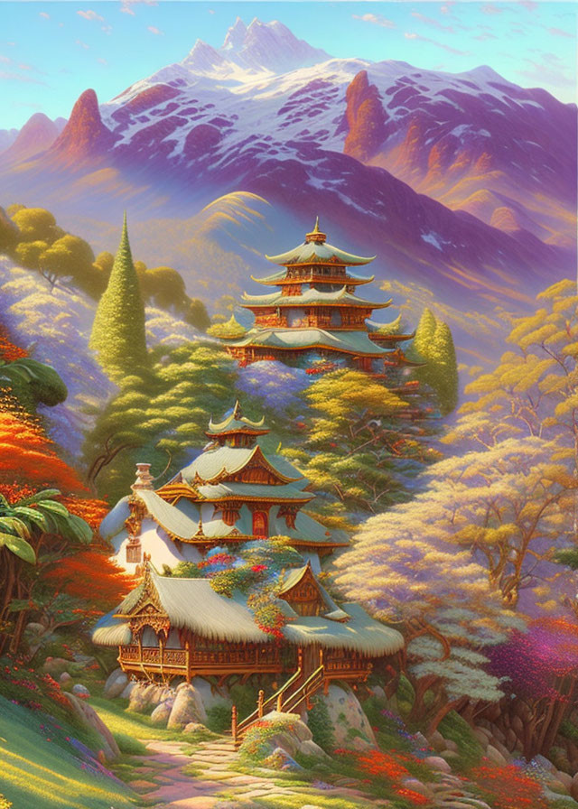 Fantastical Asian-inspired landscape with pagodas, gardens, and mountains