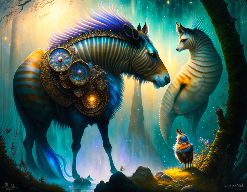 Mechanical-striped horse meets glowing equine in enchanted forest