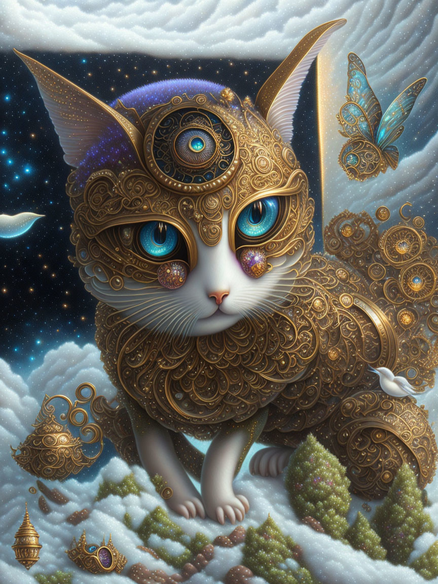 Steampunk-inspired cat with golden gears, clockwork patterns, blue eyes, and mechanical butterflies under