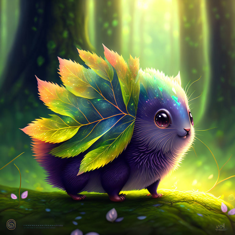 Colorful Illustration: Small Round Creature with Leafy Tail in Sunlit Forest