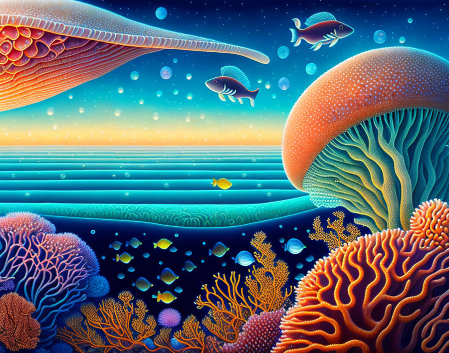 Colorful Underwater Scene with Fish, Coral Reefs, Whale, and Starry Sky