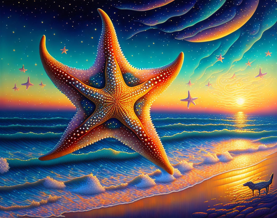 funny starfish harlequin walking in ocean sundown 
