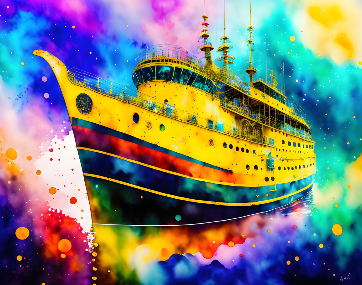 Colorful ship illustration with psychedelic colors and dreamy background