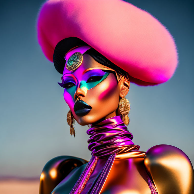Artistic makeup and pink hat on person against blue sky