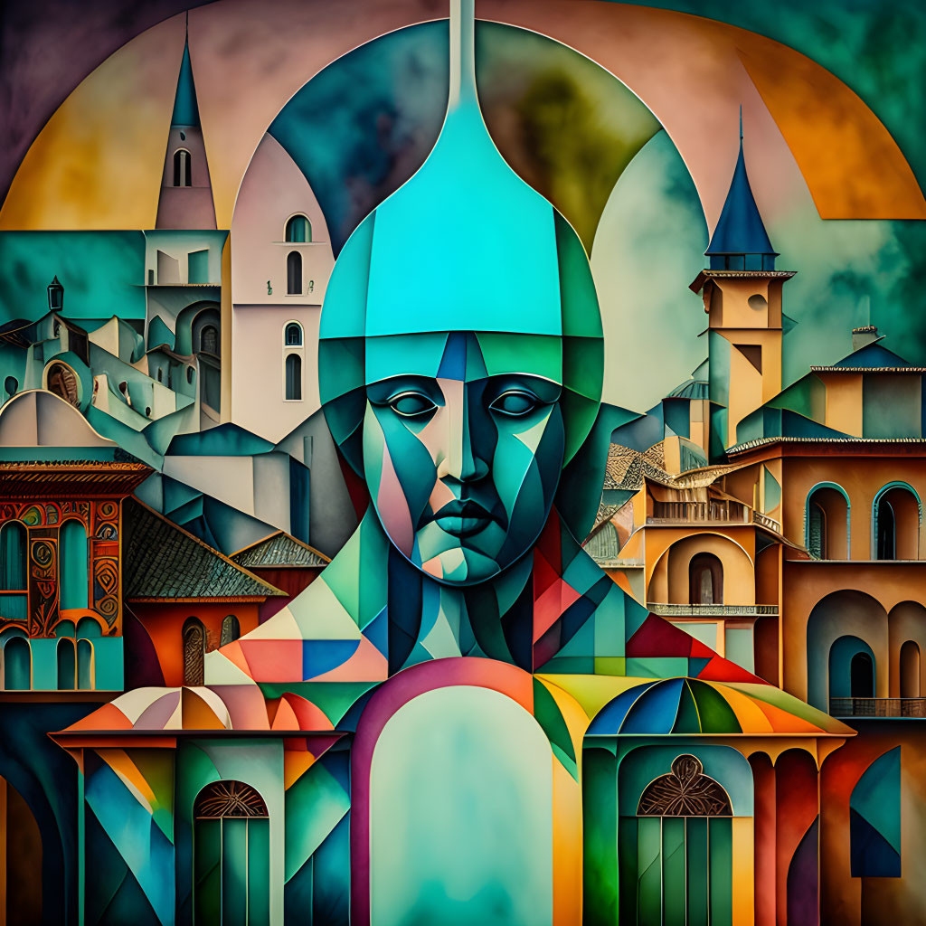 Abstract portrait merging human face with colorful architectural elements