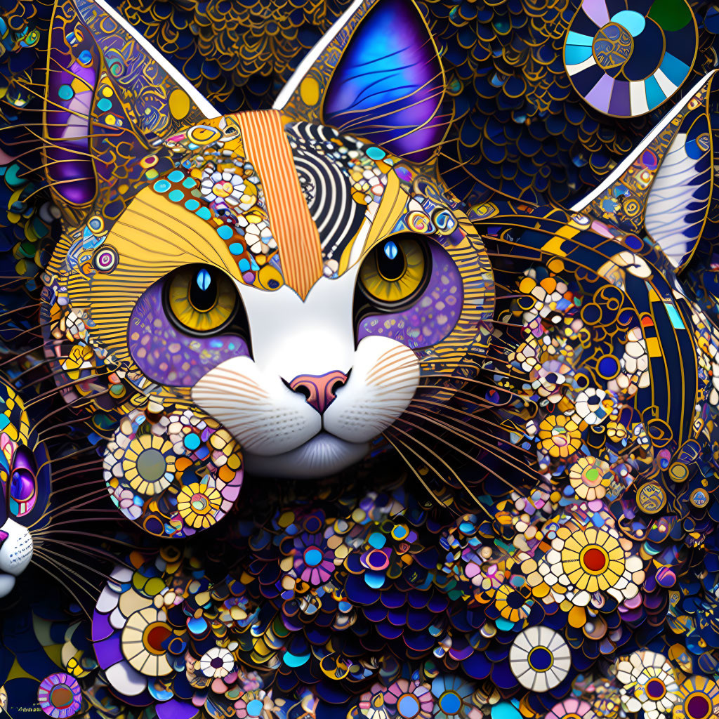 Colorful Stylized Cat Face Artwork with Geometric Patterns