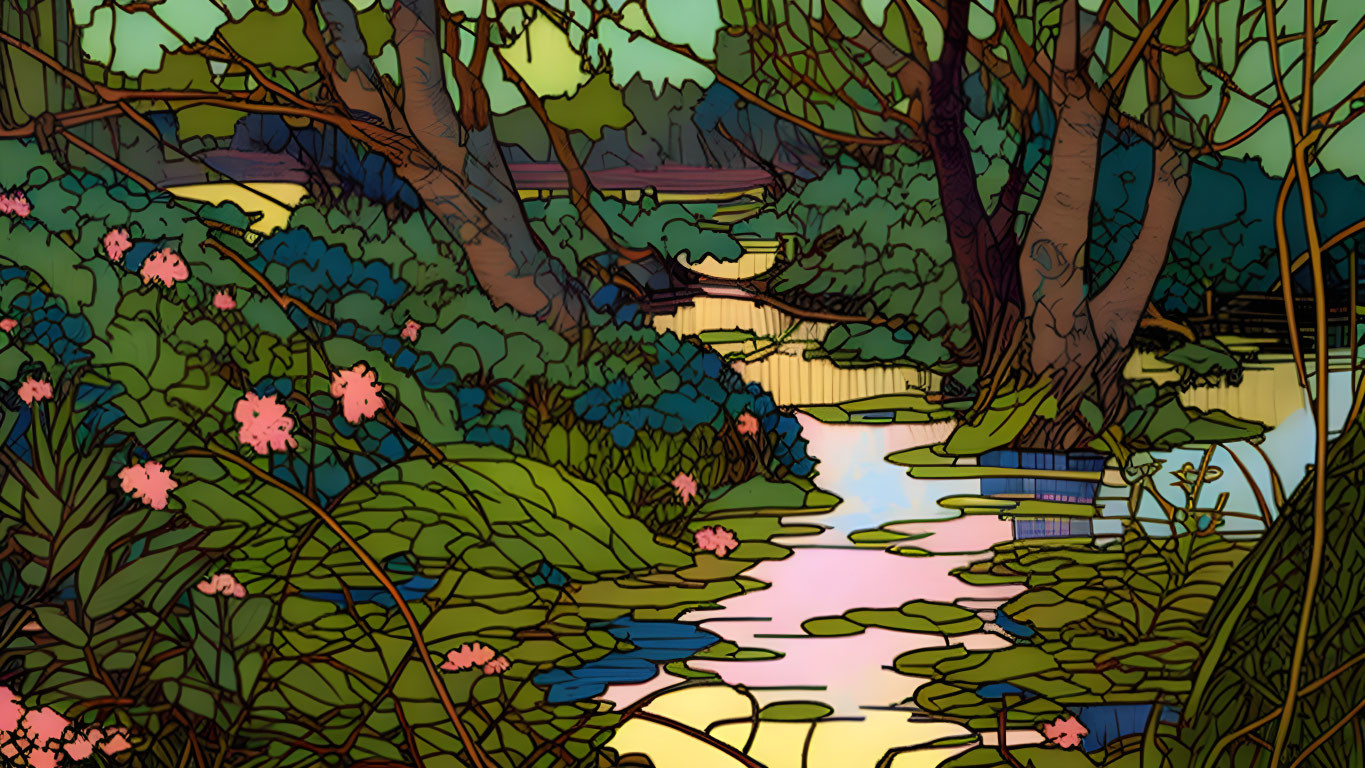 Serene forest illustration with pink flowers, dense trees, and calm river