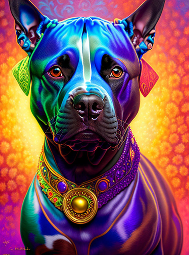 Colorful Dog Illustration with Intricate Patterns and Jewel Collar on Psychedelic Background