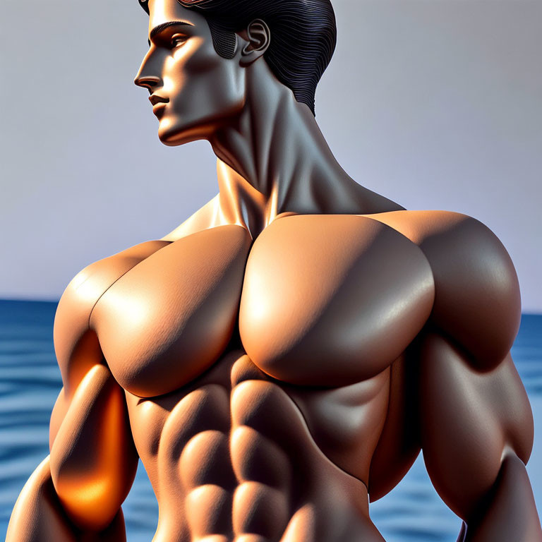 Muscular male figure with exaggerated anatomy against calm sea.