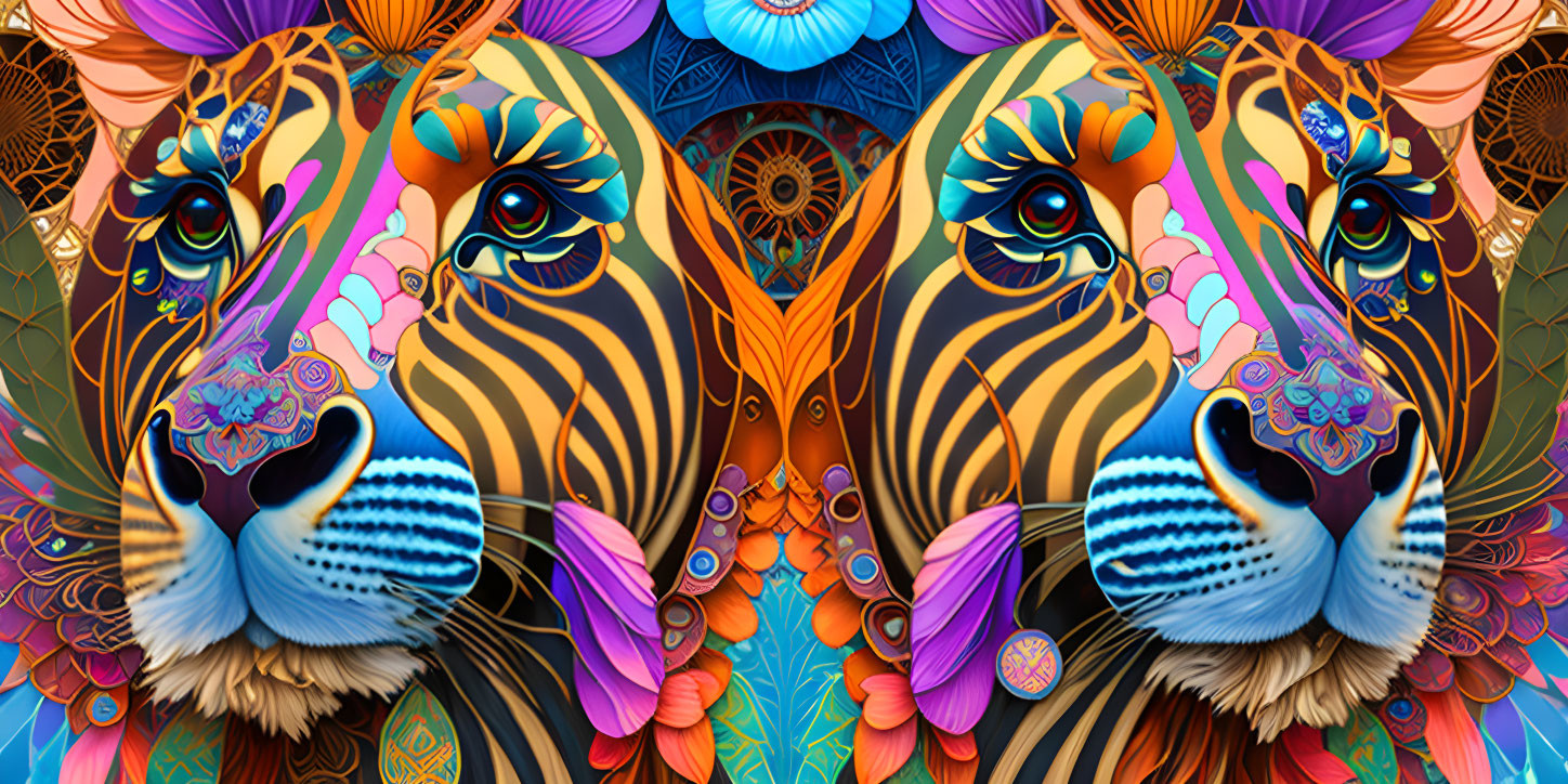 Symmetrical tiger artwork with bold colors and intricate patterns