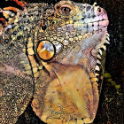 Vibrant splatter-paint background with colorful iguanas