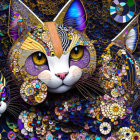 Vibrant digital artwork of cat's face with floral motifs