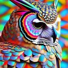 Colorful Owl Artwork with Feathery Pattern on Multicolored Background