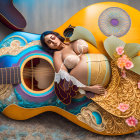 Woman resting on ornate floral guitar in harmonious composition