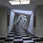 Surreal 3D room with checkered floors and massive stylized face sculpture