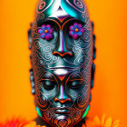 Colorful digital art portrait with intricate patterns and floral designs on orange background