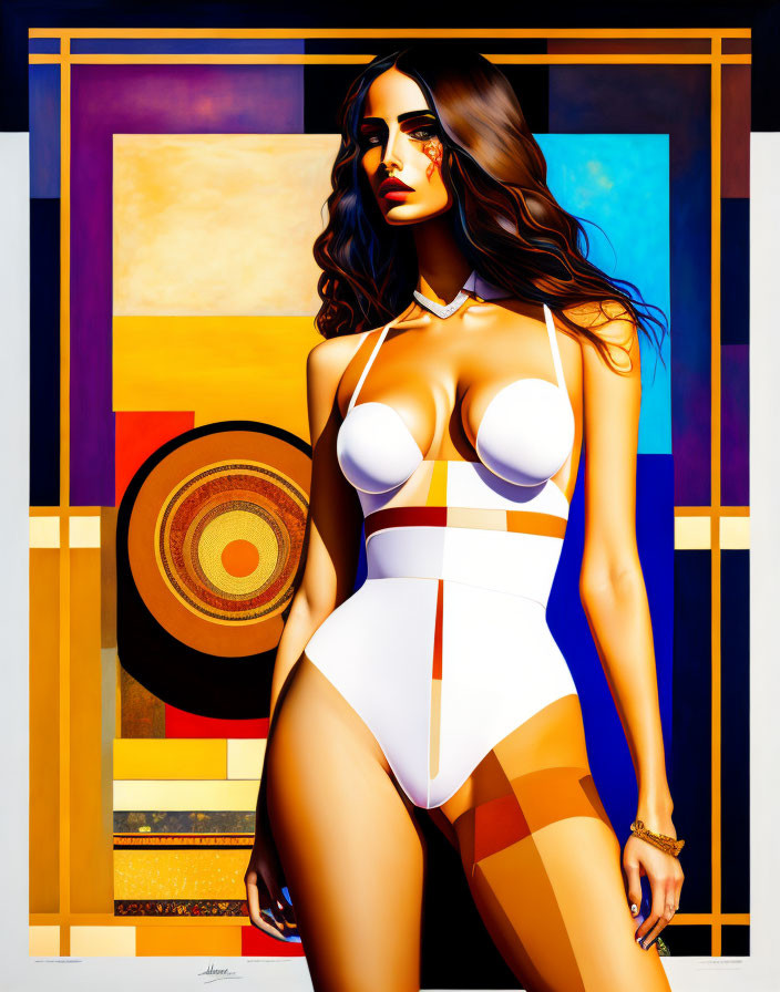 Woman in White Swimsuit with Geometric Patterns on Colorful Background