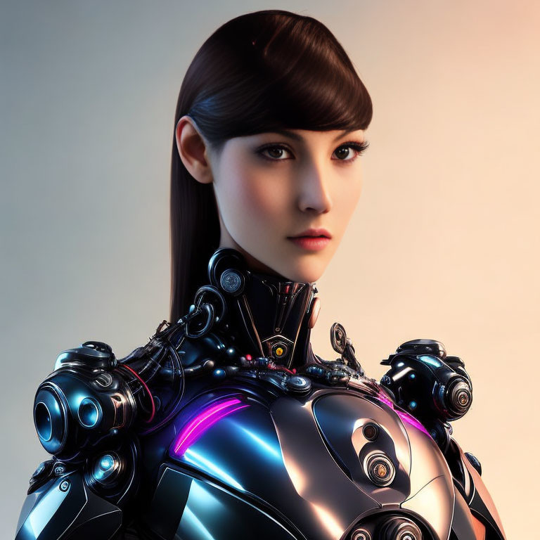 Female android portrait with human-like face and detailed robotic body with purple accents