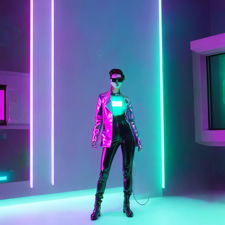 Futuristic person in metallic jacket and VR headset in neon-lit room
