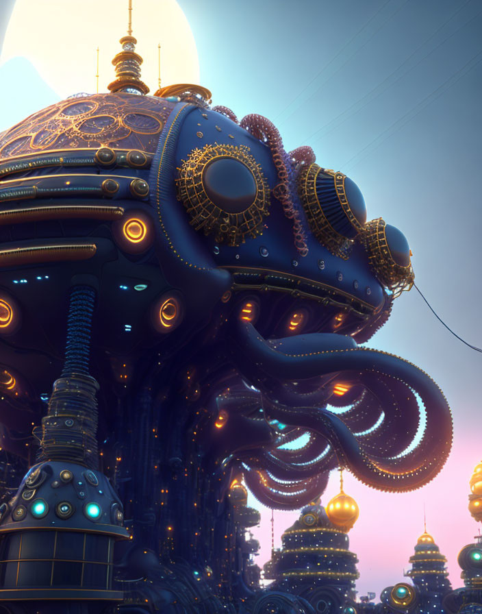 Ornate octopus-shaped building with glowing lights at dusk