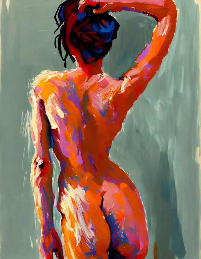 Colorful standing nude figure with raised arm against cool background