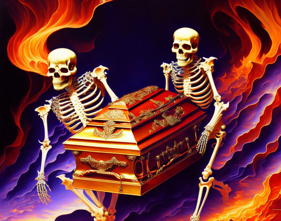 Skeletons next to ornate coffin in fiery background with gold and red details