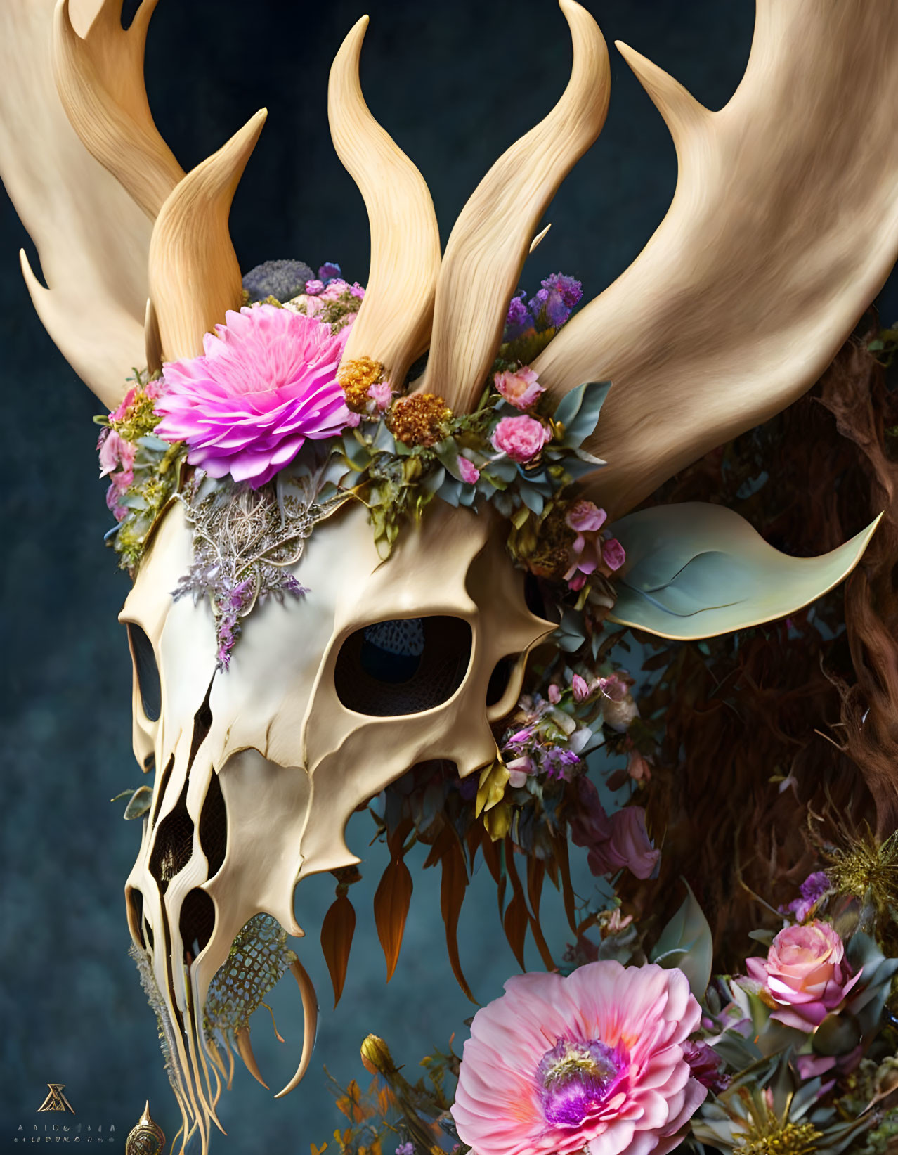 Ornate skull with antlers and vibrant flowers on dark background