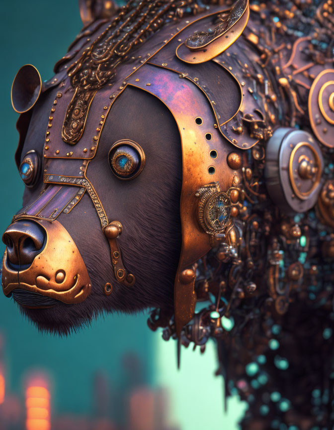Detailed Steampunk Bear Head with Metallic Embellishments