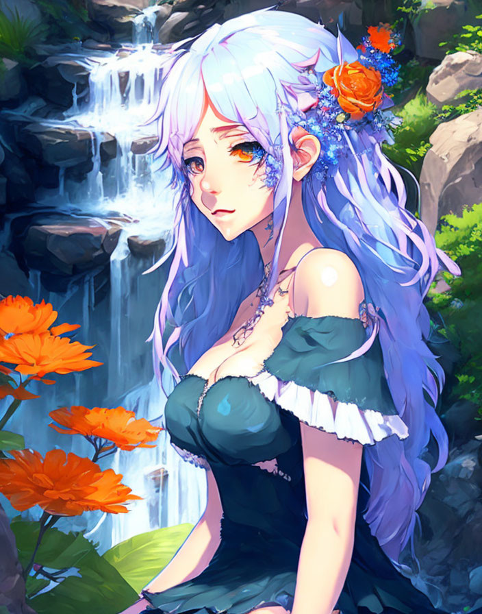 Anime Girl Near Waterfall 