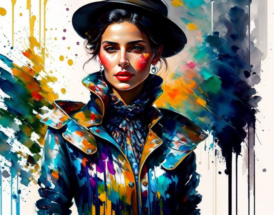 Colorful Artwork: Stylish Woman in Hat with Modern Flair