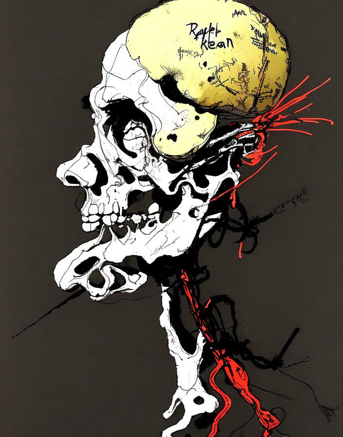 Skull with Yellow Brain Illustration on Grey Background