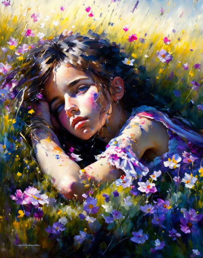 Little Girl Sleeping in Wild Flowers